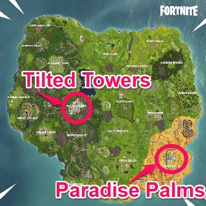 Rechercher 7 coffres à Tilted Towers ou Paradise Palms