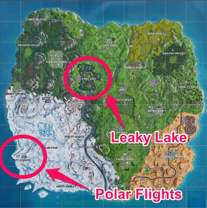 Fornite Battle Royale Saison 7 Semaine 7 Coffres de recherche de défi à Leaky Lake ou Polar Peaks