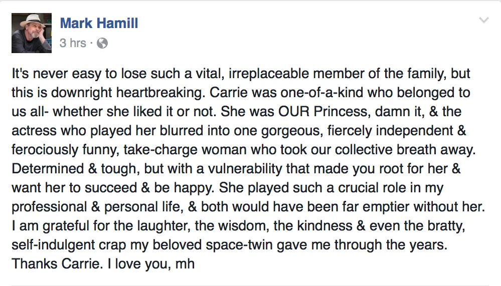 Le message Facebook que Hamill a écrit en 2016, qu'il a lu lors de la cérémonie du Walk of Fame.