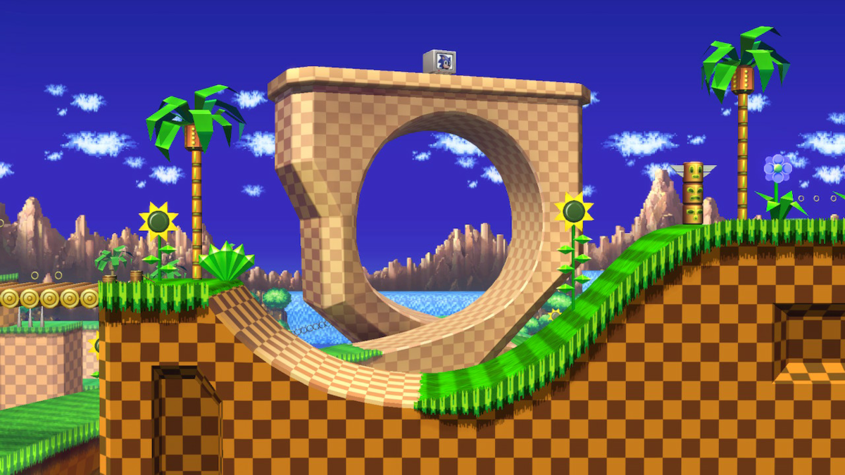 La zone Green Hill, montrée ici dans Super Smash Bros., est une zone emblématique.  Source de l'image : Wiki Smash Bros.