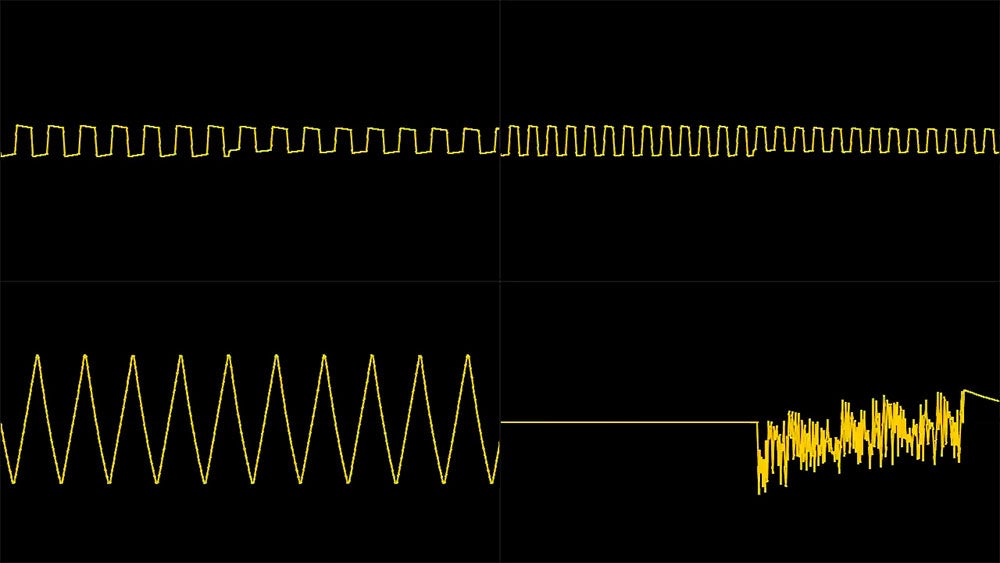 Visualisation de la puce sonore NES.  Deux ondes pulsées, une onde triangulaire et le bruit.
