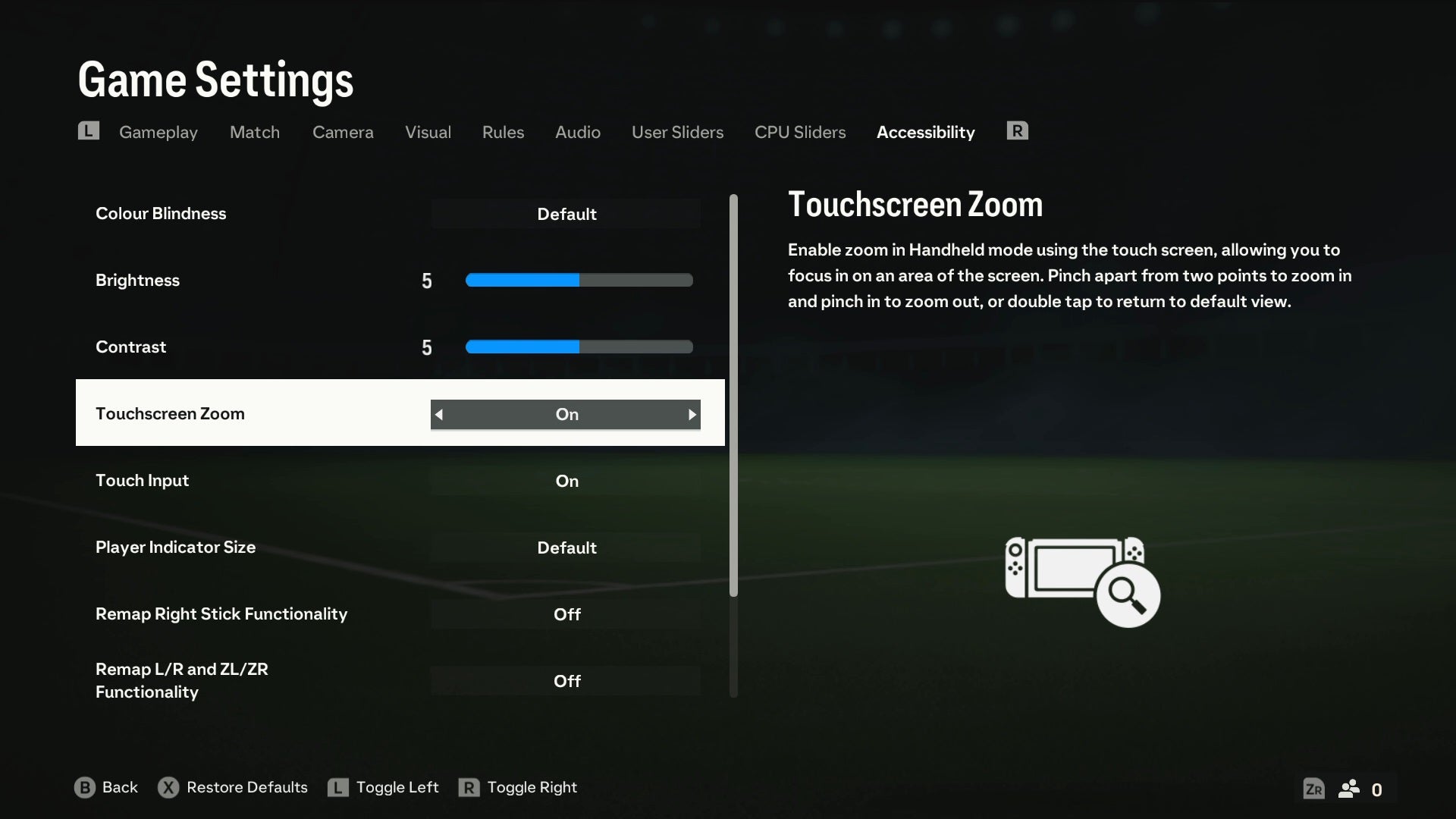 Lorsque vous jouez au jeu en mode portable, vous pouvez interagir avec l'écran et effectuer un zoom avant et arrière en utilisant la technique de pincement pour zoomer.