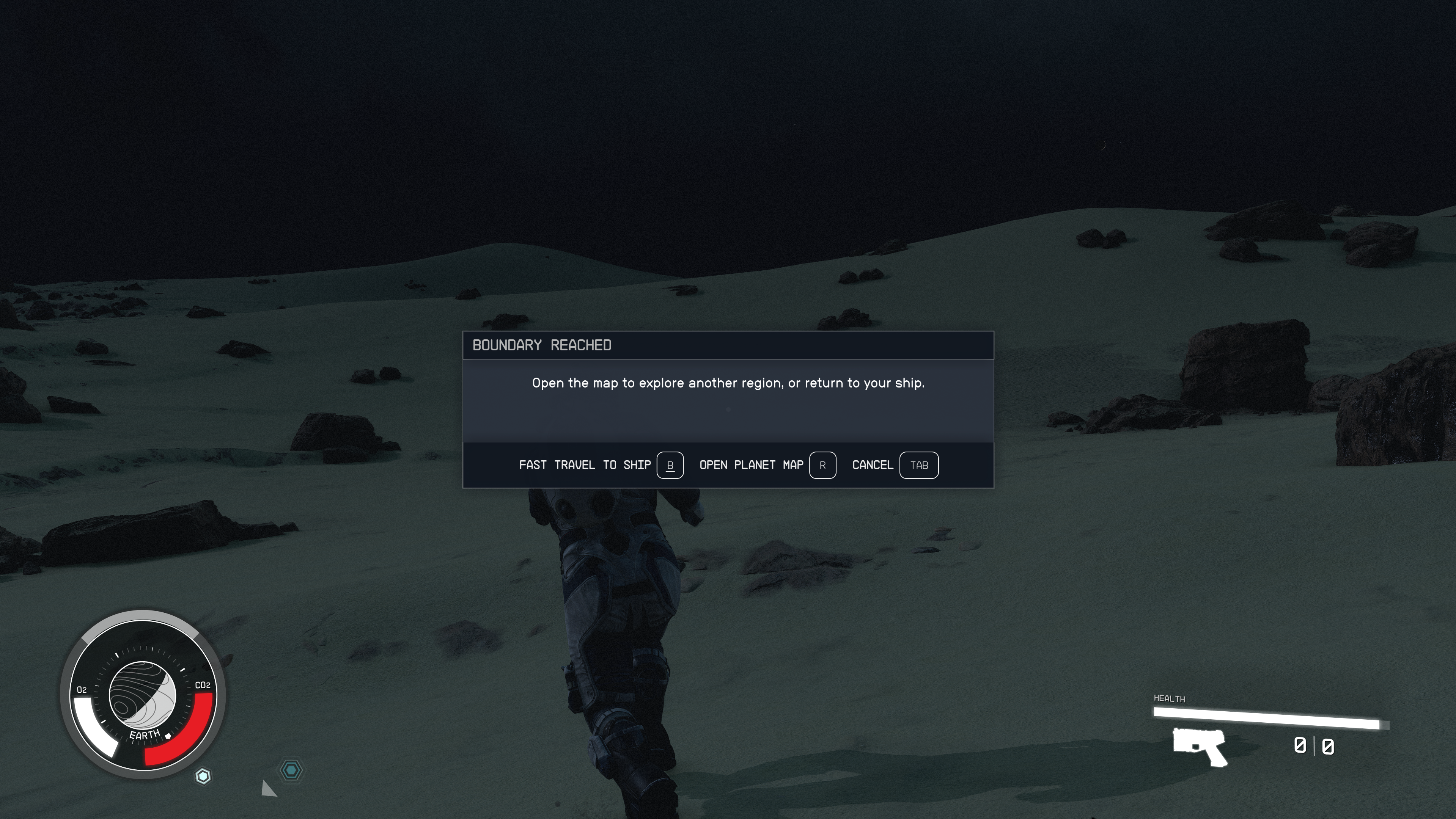 À quoi ressemble le message Boundary Reached lorsque vous atteignez ce point sur une planète de Starfield |  Crédit capture d'écran : Taylor Lyles / IGN