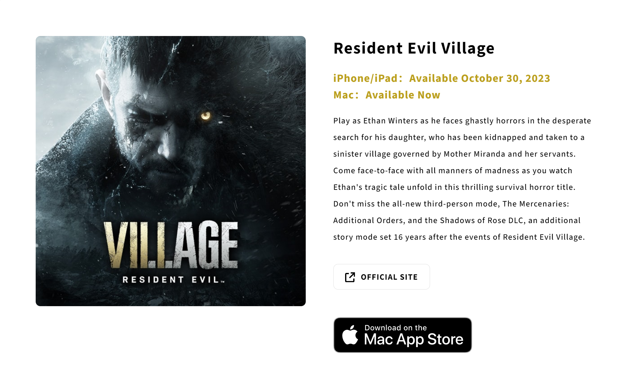 Le site Web de Capcom mentionne une date de sortie ferme pour Resident Evil Village pour iPhone et iPad.  |  Capture d'écran Crédit Taylor Lyles